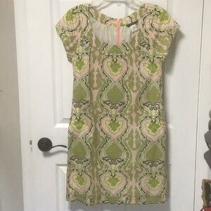 Cap-Sleeve Mini Dress in Pink and Green Damask Print
